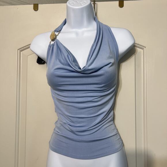 SAINTS Tops - Y2K Cowl Neck Powder Blue With Jewel Rock